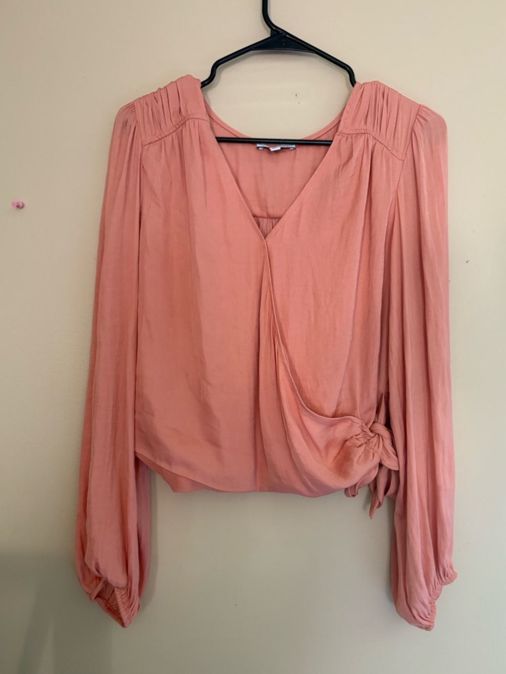 Peach Wrap-Style Long Sleeve Blouse with Side Knot